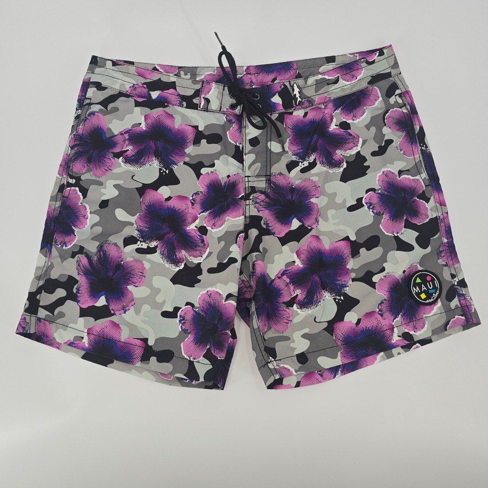 Maui‎ and Sons Mens 34 Board Shorts Grey Camo Purple Floral Ripstop Swim Trunks